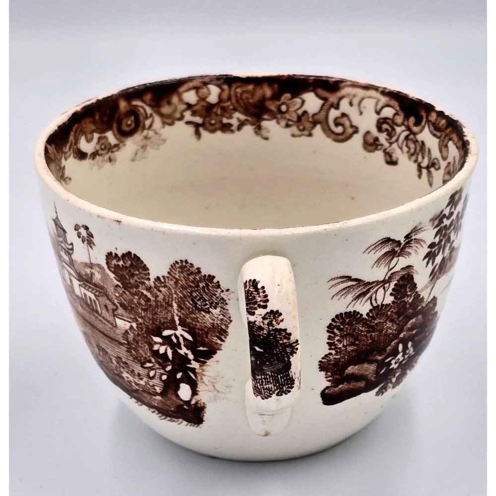 Antique Brown Transferware Tea Cup Chinoiserie Pagoda Landscape Scene White